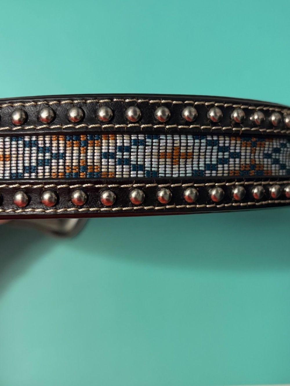 Beaded Studded Leather Belt with Blue and Tan Pattern